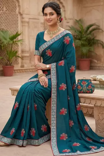 women's vichitra silk with zari embroidery party wear saree