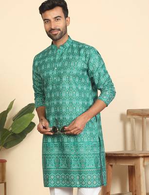 cotton blend ethnic motifs printed teal green kurta 1