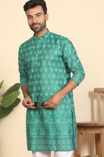 cotton blend ethnic motifs printed teal green kurta