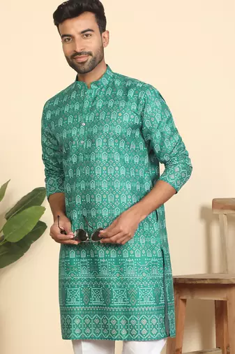 cotton blend ethnic motifs printed teal green kurta