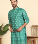 cotton blend ethnic motifs printed teal green kurta