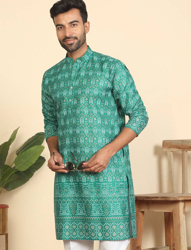 cotton blend ethnic motifs printed teal green kurta