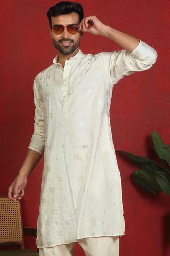 cotton silk printed cream knee length kurta