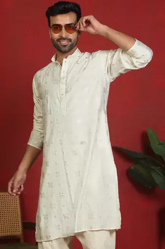 cotton silk printed cream knee length kurta