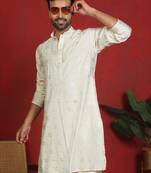 cotton silk printed cream knee length kurta