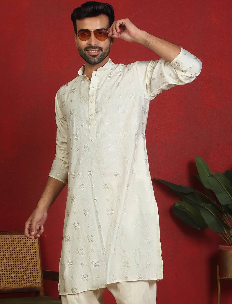 cotton silk printed cream knee length kurta