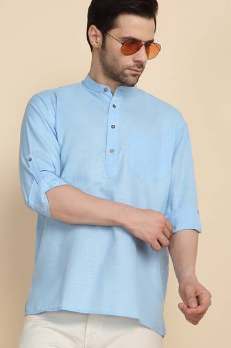 cotton blend solid sky blue short kurta