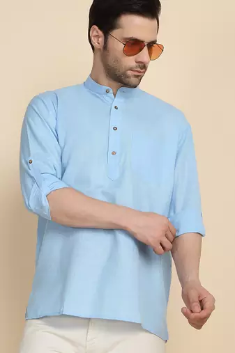 cotton blend solid sky blue short kurta