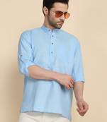 cotton blend solid sky blue short kurta