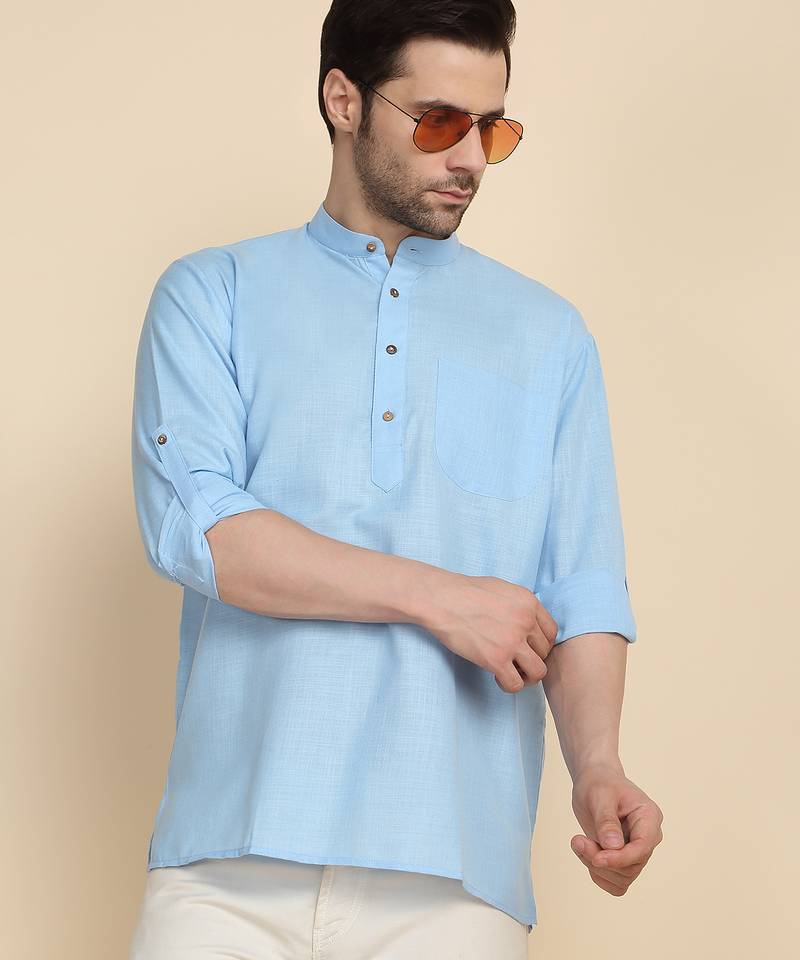 cotton blend solid sky blue short kurta