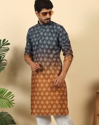 ombre printed mandarin collar straight mustard kurta  1