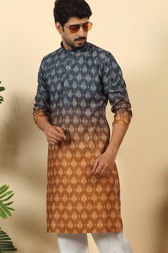 ombre printed mandarin collar straight mustard kurta 