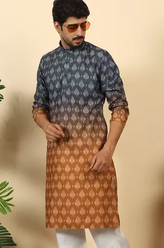 ombre printed mandarin collar straight mustard kurta 