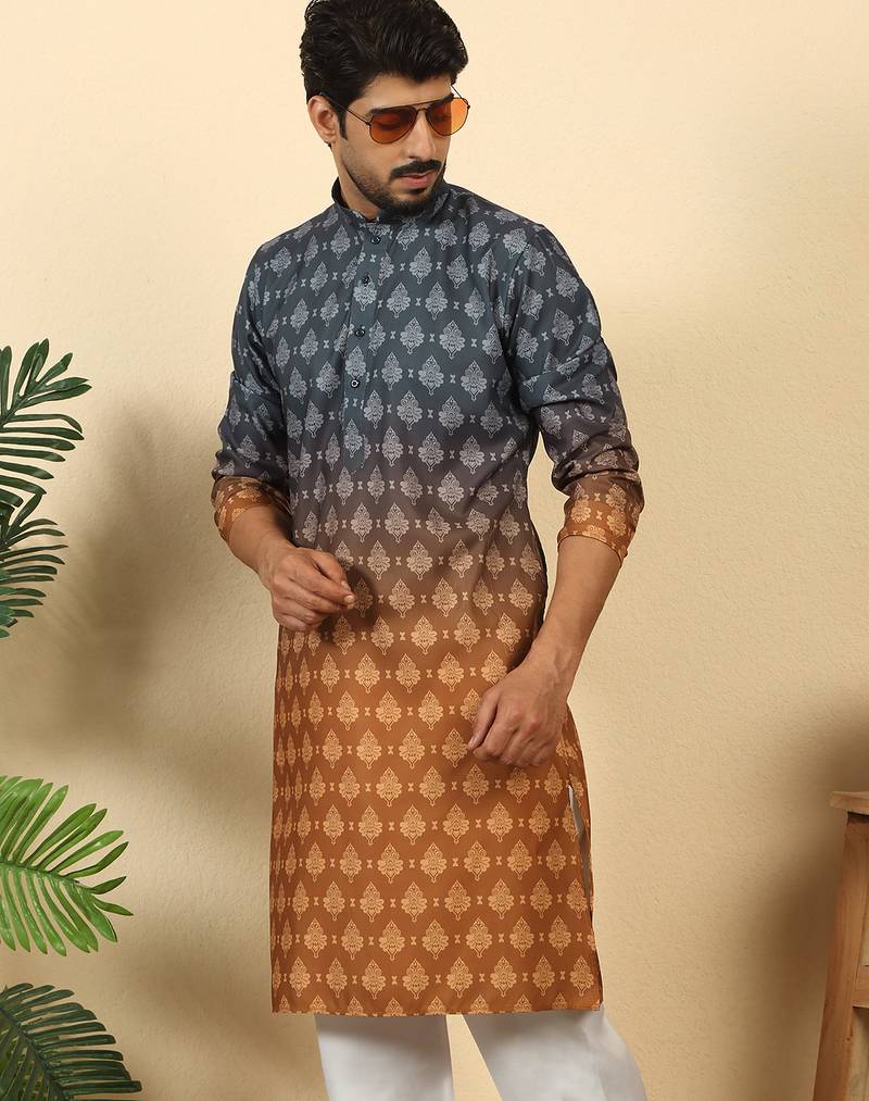 ombre printed mandarin collar straight mustard kurta 
