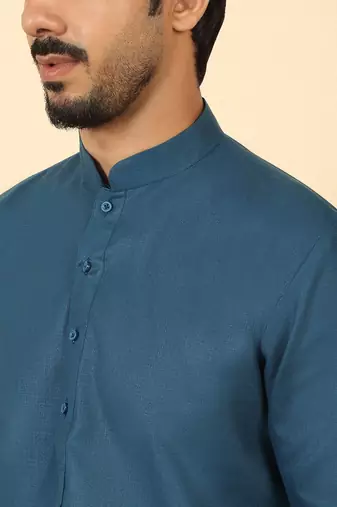 cotton blend solid denim blue short kurta