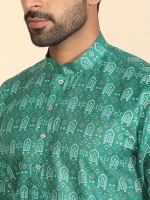 cotton blend ethnic motifs printed teal green kurta 2