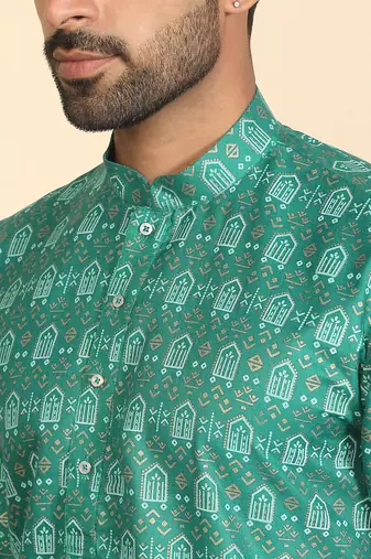 cotton blend ethnic motifs printed teal green kurta