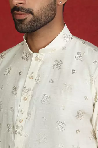 cotton silk printed cream knee length kurta
