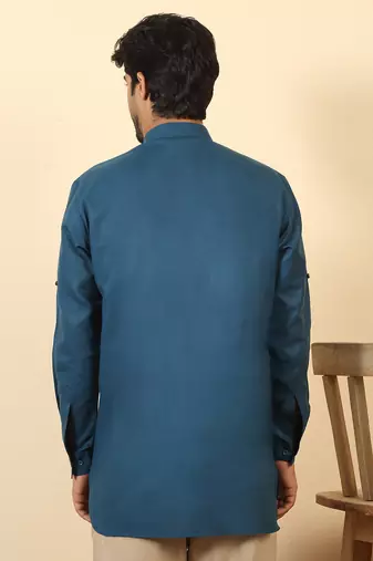 cotton blend solid denim blue short kurta