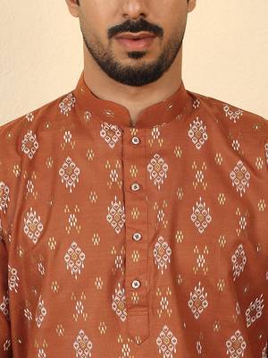 cotton blend printed rust roll-up sleeves short kurta 2