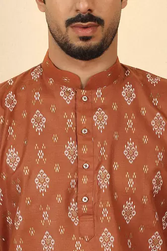 cotton blend printed rust roll-up sleeves short kurta
