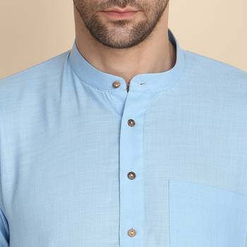 cotton blend solid sky blue short kurta 2