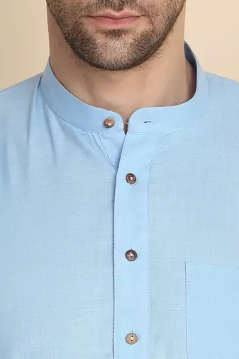 cotton blend solid sky blue short kurta