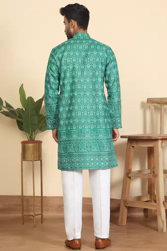 cotton blend ethnic motifs printed teal green kurta