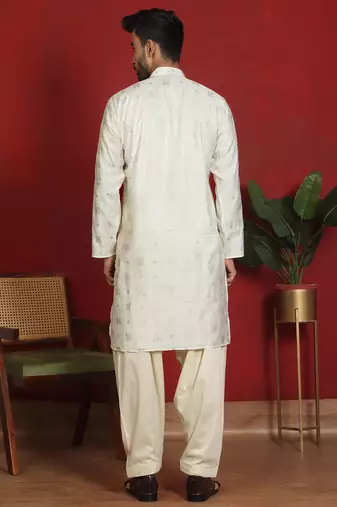 cotton silk printed cream knee length kurta