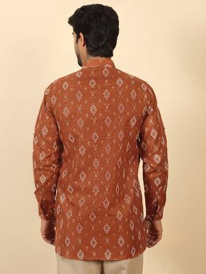 cotton blend printed rust roll-up sleeves short kurta 3