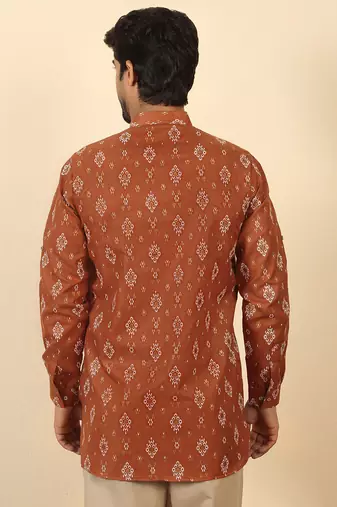 cotton blend printed rust roll-up sleeves short kurta
