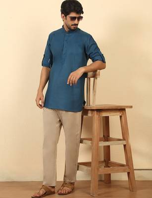 cotton blend solid denim blue short kurta 4