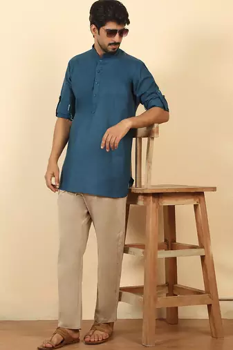 cotton blend solid denim blue short kurta