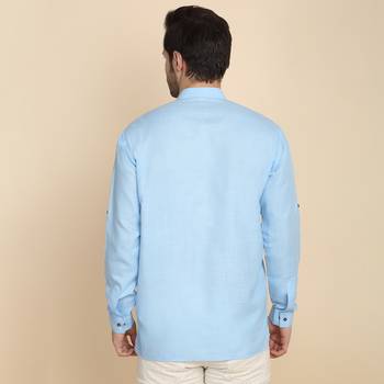 cotton blend solid sky blue short kurta 3