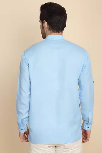 cotton blend solid sky blue short kurta
