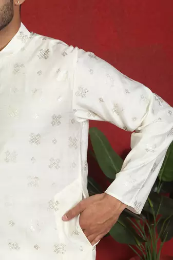 cotton silk printed cream knee length kurta