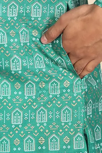 cotton blend ethnic motifs printed teal green kurta