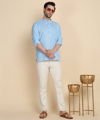 cotton blend solid sky blue short kurta 4