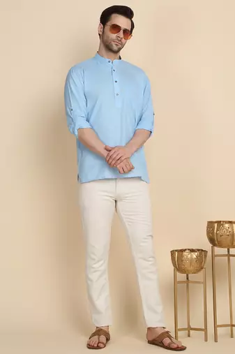 cotton blend solid sky blue short kurta