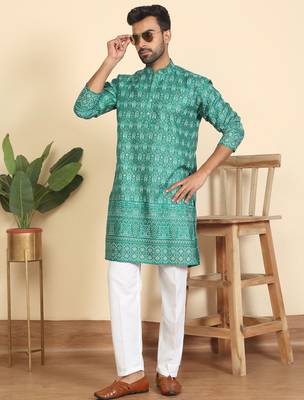 cotton blend ethnic motifs printed teal green kurta 5