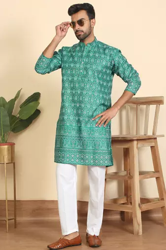 cotton blend ethnic motifs printed teal green kurta