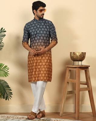 ombre printed mandarin collar straight mustard kurta  4