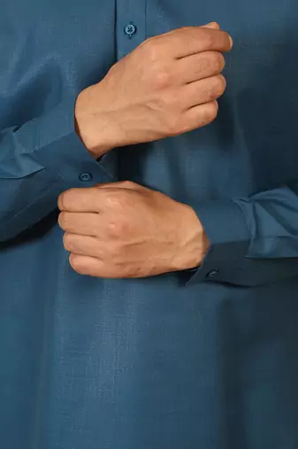 cotton blend solid denim blue short kurta