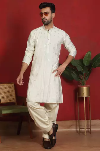 cotton silk printed cream knee length kurta