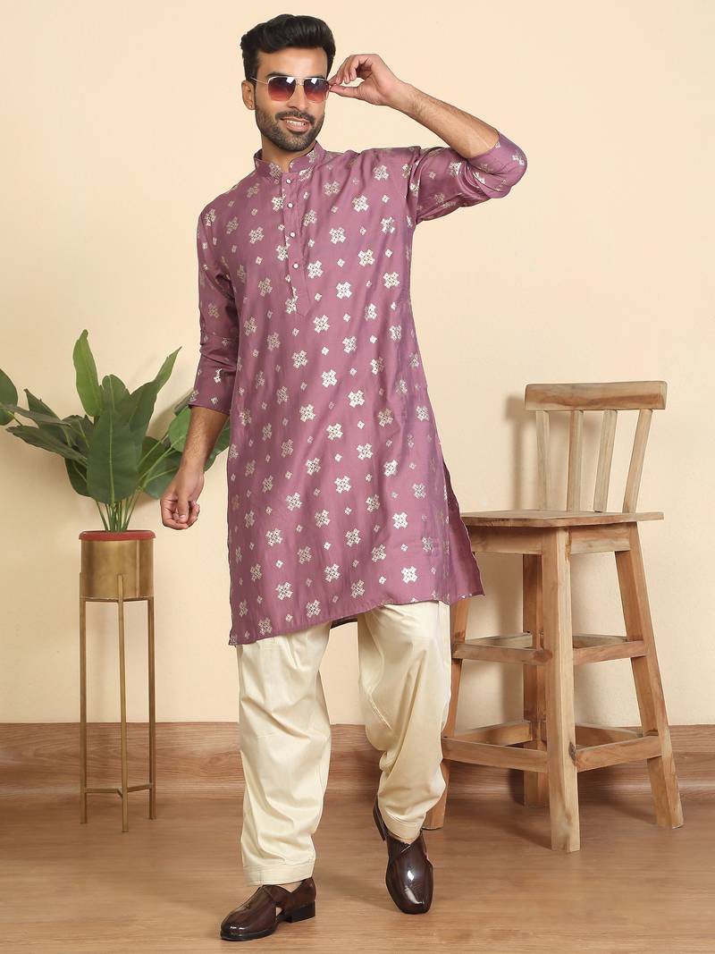 cotton silk printed mauve knee length kurta
