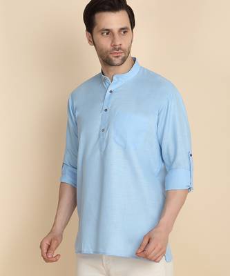 cotton blend solid sky blue short kurta 5