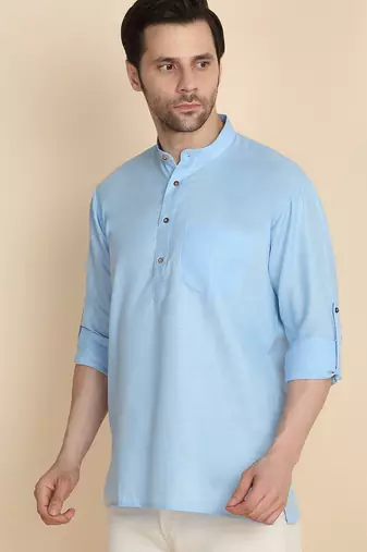 cotton blend solid sky blue short kurta