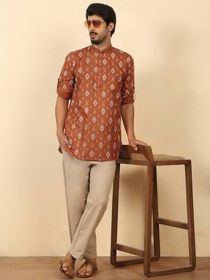 cotton blend printed rust roll-up sleeves short kurta 4