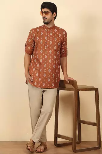 cotton blend printed rust roll-up sleeves short kurta