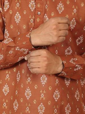 cotton blend printed rust roll-up sleeves short kurta 5
